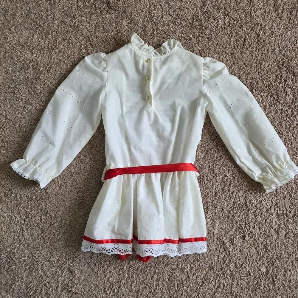 Vintage White Floral Peasant Dress Girls 4 Long Sleeve Red Roses 90s Communion